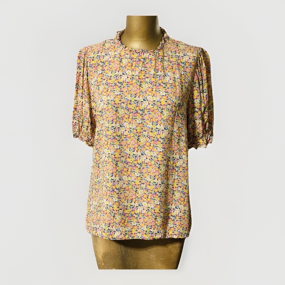 C+D+M Collection Women's Floral Ruffle Short Puff Sleeve Pullover Blouse Large